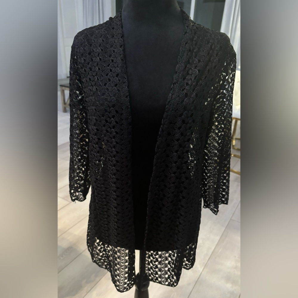 Brittany Black” Women’sBlack Lace 3/4 Sleeve Open Front CoverUp NWT#471